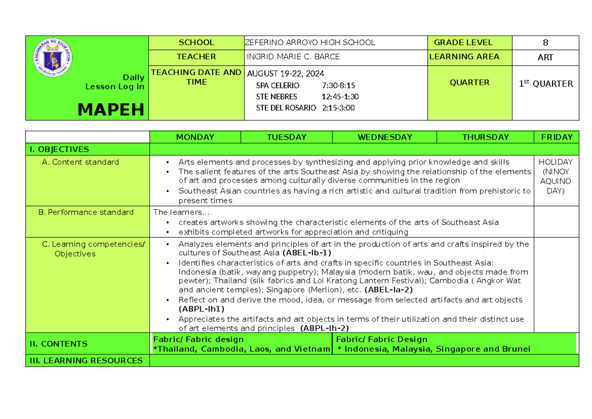 Q1 Grade 8 ARTS DLL Week 1 - Daily Lesson Log in MAPEH SCHOOL ZEFERINO ...
