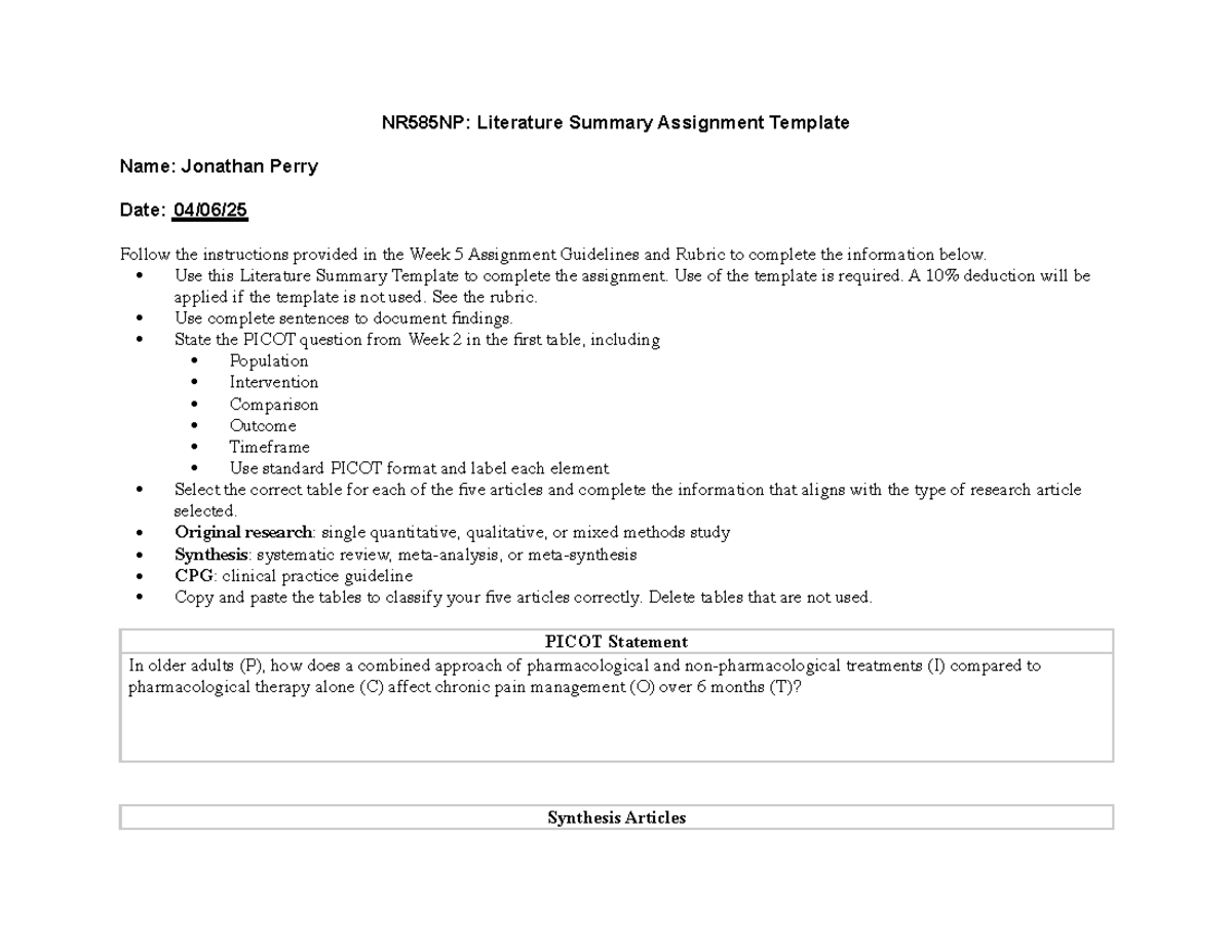 NR585NP: Week 5 Literature Summary Assignment Template - Studocu