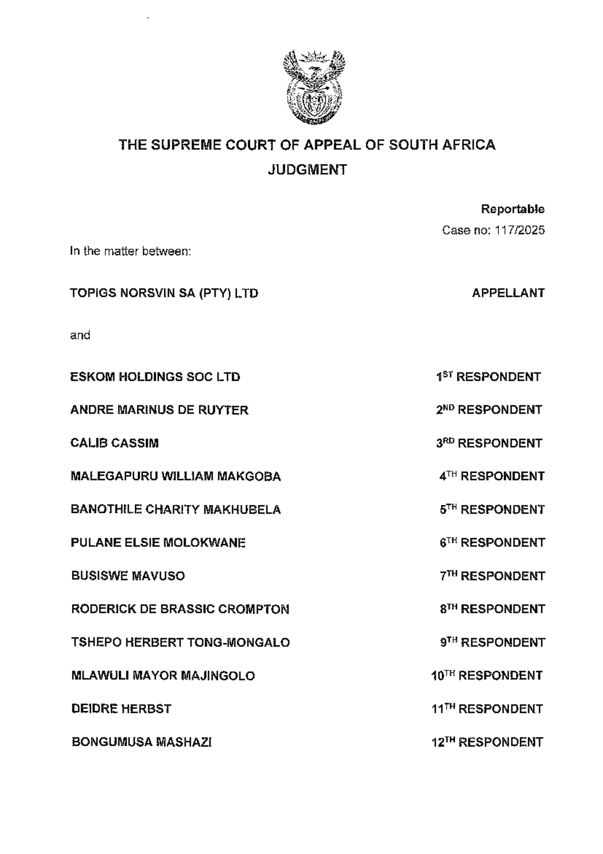 Final Judgment: Topigs Norsvin SA vs Eskom Holdings SOC Ltd (Case No ...