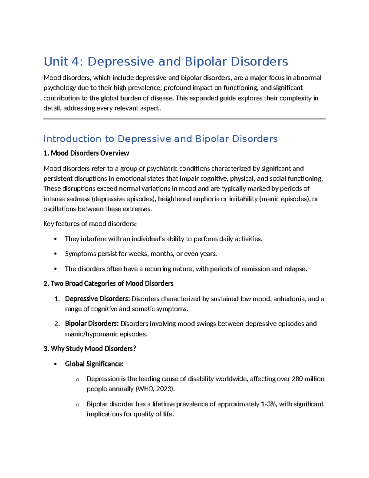 Unit 4 (Depressive and Bipolar Disorders) - Unit 4: Depressive and ...