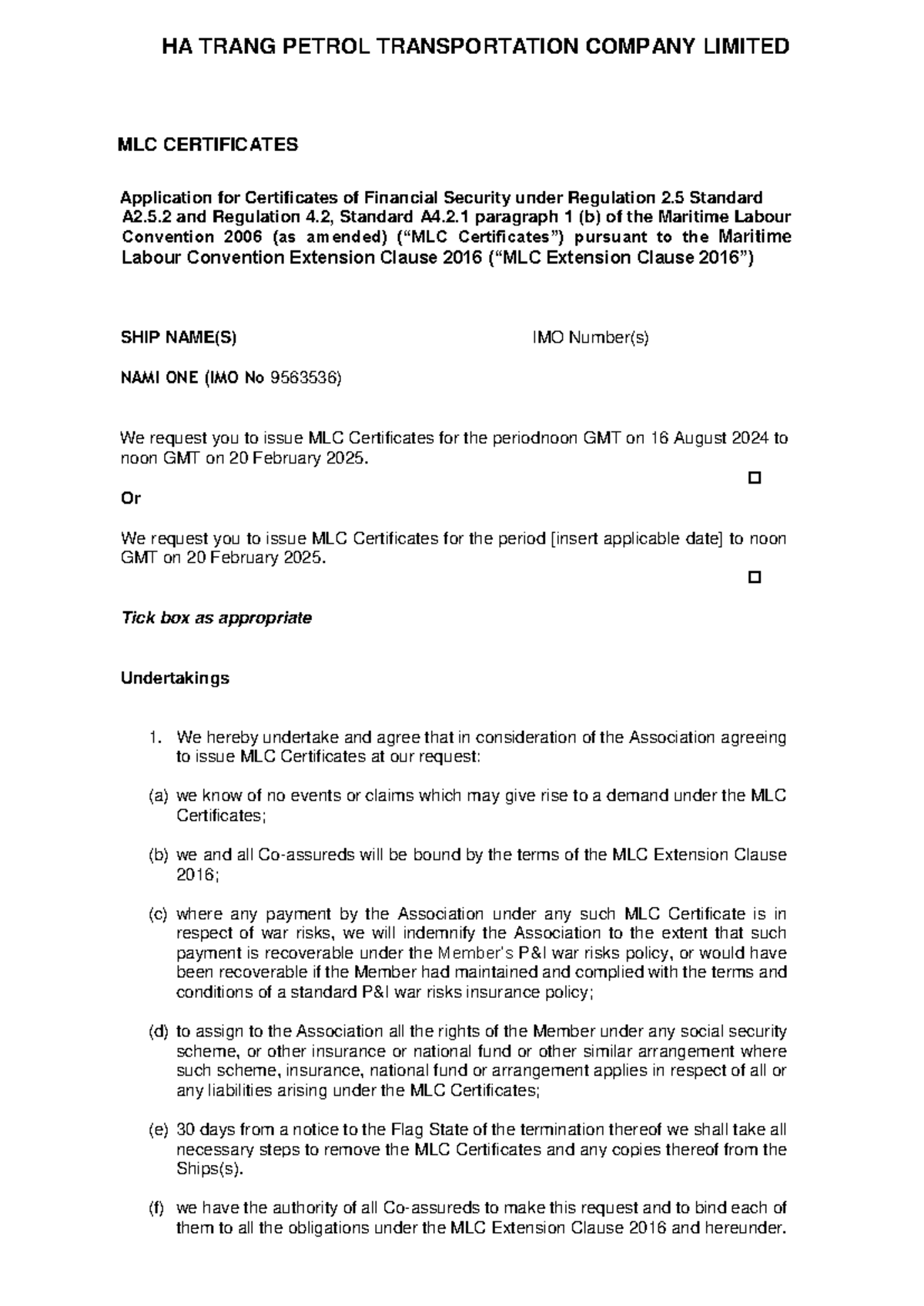 NAMI ONE MLC certificates application under Maritime Labour Convention ...