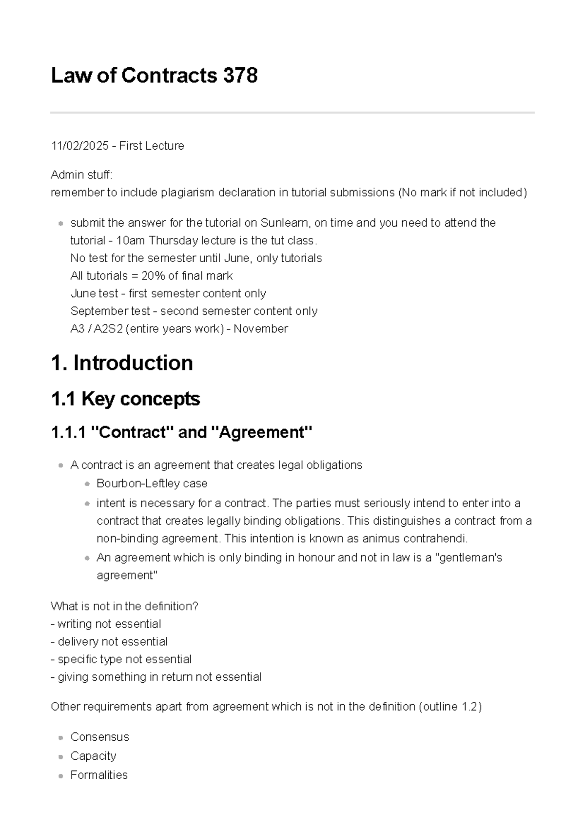 Law of Contracts 378 - First Semester Lecture Notes on Key Concepts ...