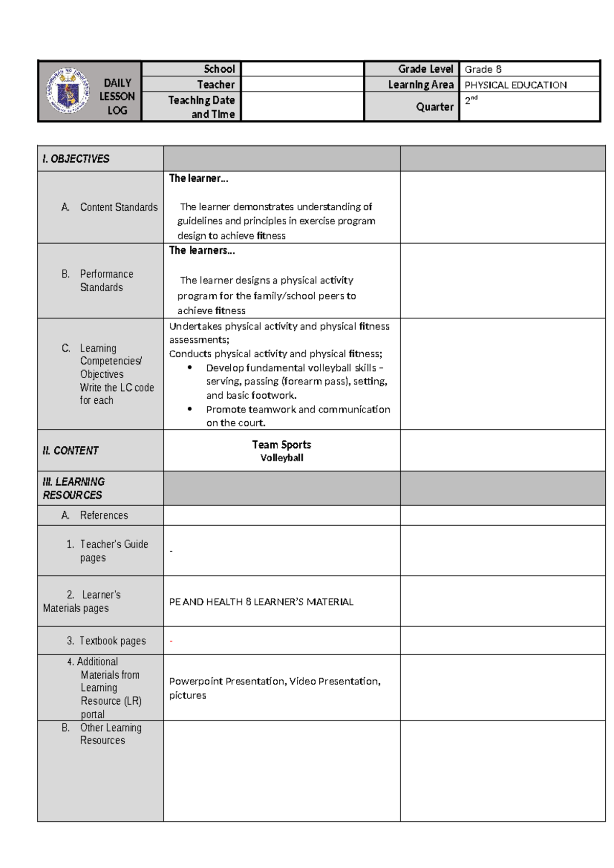 DLL PE 8 - Daily Lesson Log for Volleyball in Physical Education 8 ...