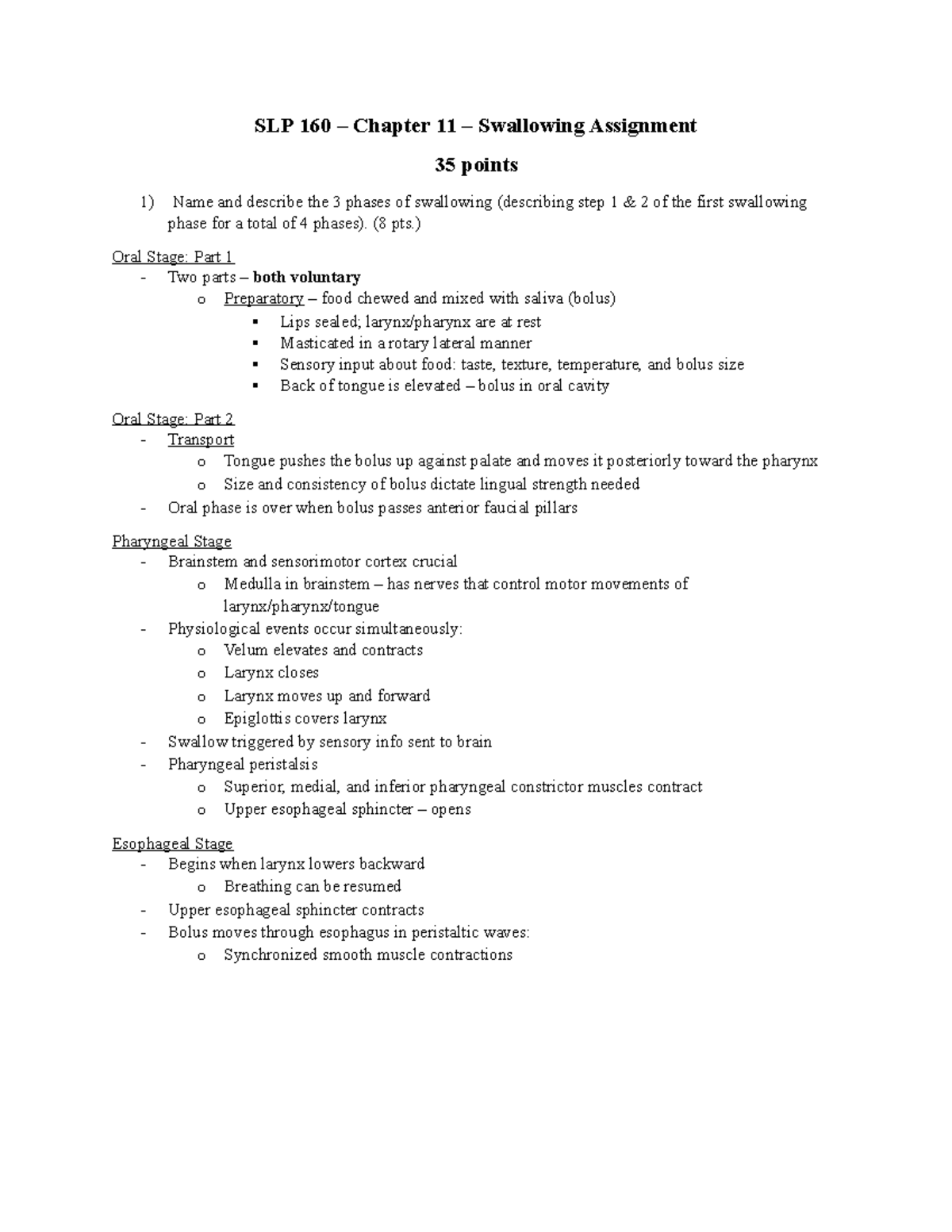 Swallowing Assignment SLP 160 - SLP 160 – Chapter 11 – Swallowing ...