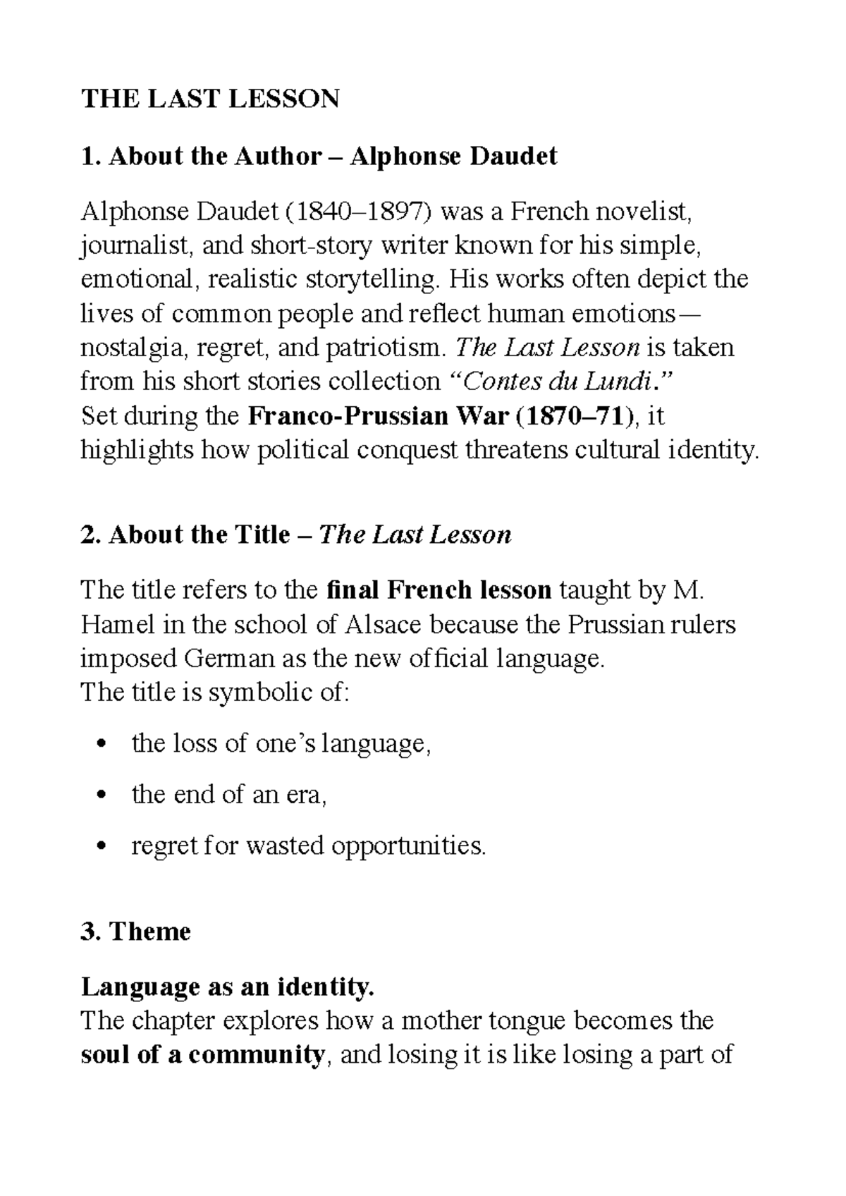 THE LAST LESSON: ANALYSIS & THEMES (LIT 101) - Studocu
