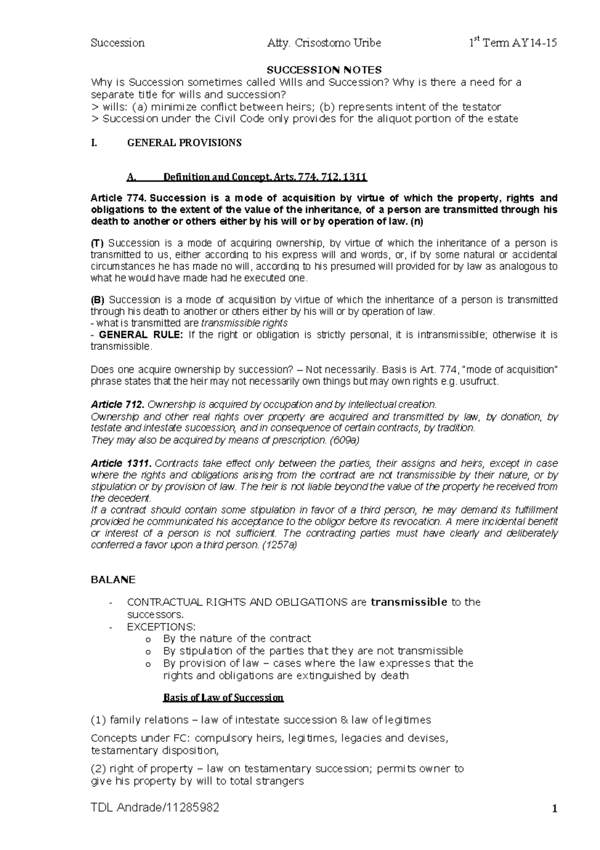 Printed Succession Notes (CIVIL LAW 102) for Legal Studies - Studocu