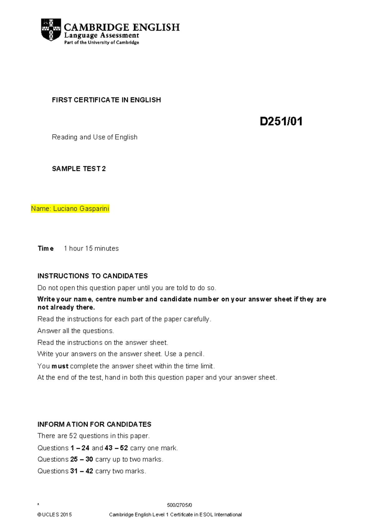 FCE-Use of English Sample Test 2 - Luciano Gasparini - Studocu