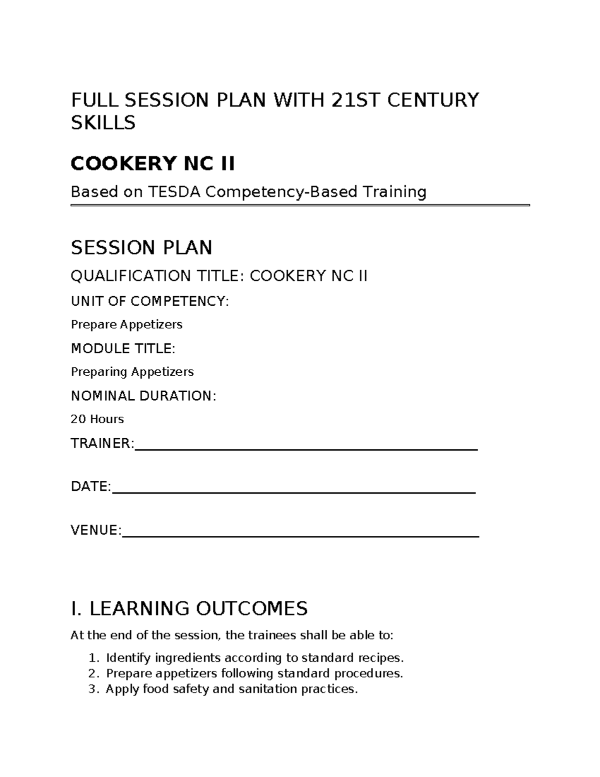 Cookery NC II Full Session Plan: Integrating 21st Century Skills - Studocu