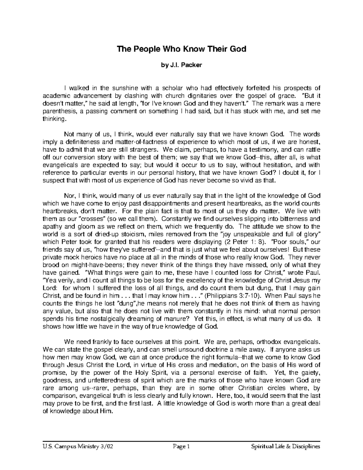 Knowing God: Insights and Reflections - Essay by J.I. Packer - Studocu