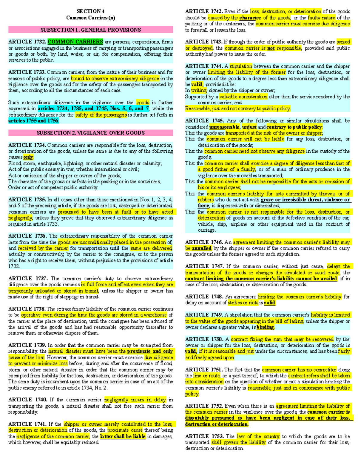 TL - Civil Code: Common Carriers Overview and Provisions - Studocu