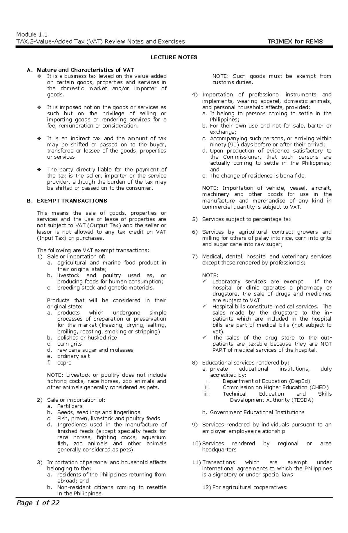 Module 1.1 VAT Review Notes and Exercises - Page 1 of 22 Module 1. TAX ...