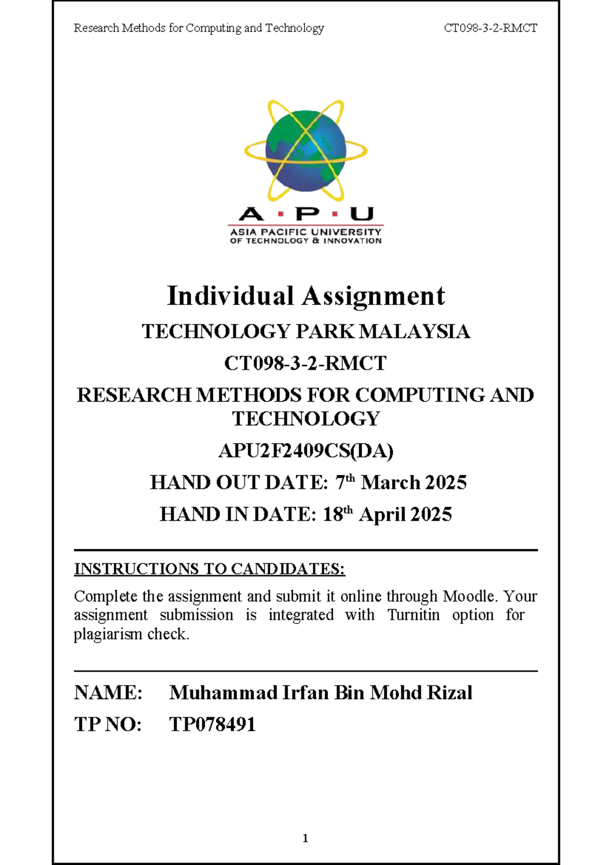 Research Methods for Computing and Technology Individual Assignment ...