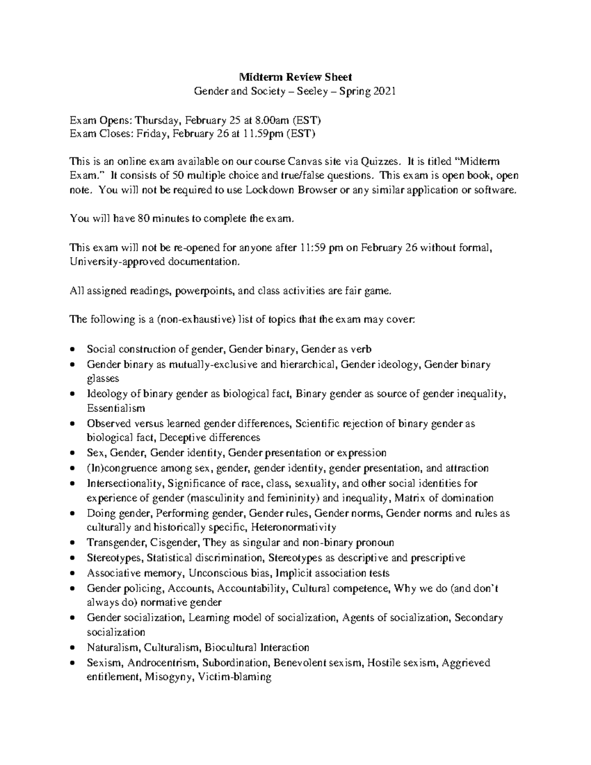 GS - Midterm Review Sheet - Gender and Society - Sp21 - Studocu