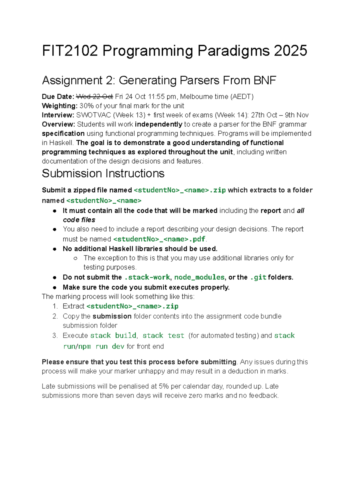 FIT2102 Assignment 2: BNF Parser Generation Specifications 2025 - Studocu