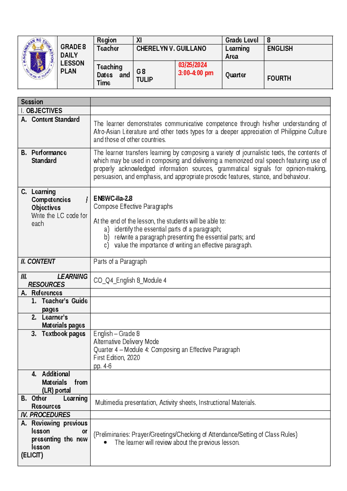 Final Demo Q4-M4: Composing Effective Paragraphs in Grade 8 English ...