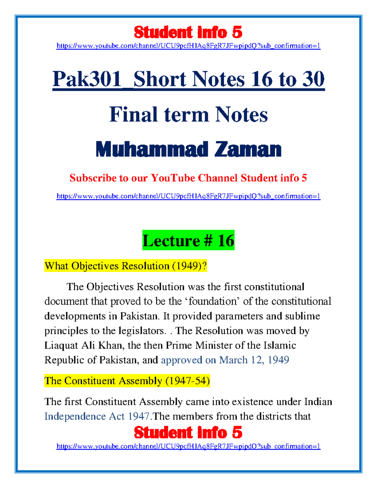 Pak301 Final Term Short Notes (Lectures 16-30) by Student Info 5 - Studocu