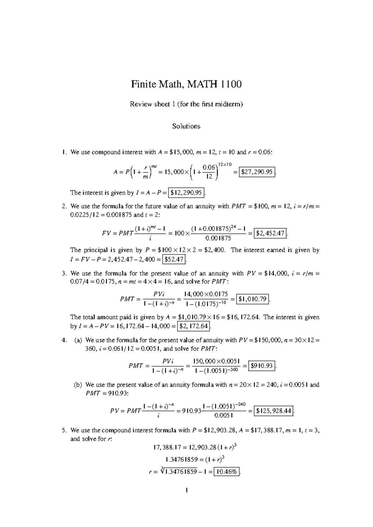 Finite Math Review Sheet 1 Solutions - MATH 1100 Midterm Prep - Studocu