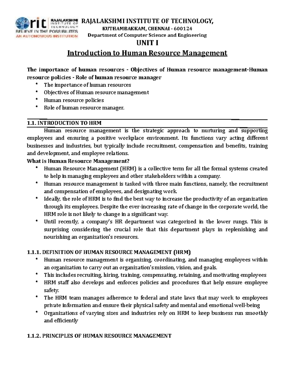HRM UNIT I & II: Introduction to Human Resource Management Notes - Studocu