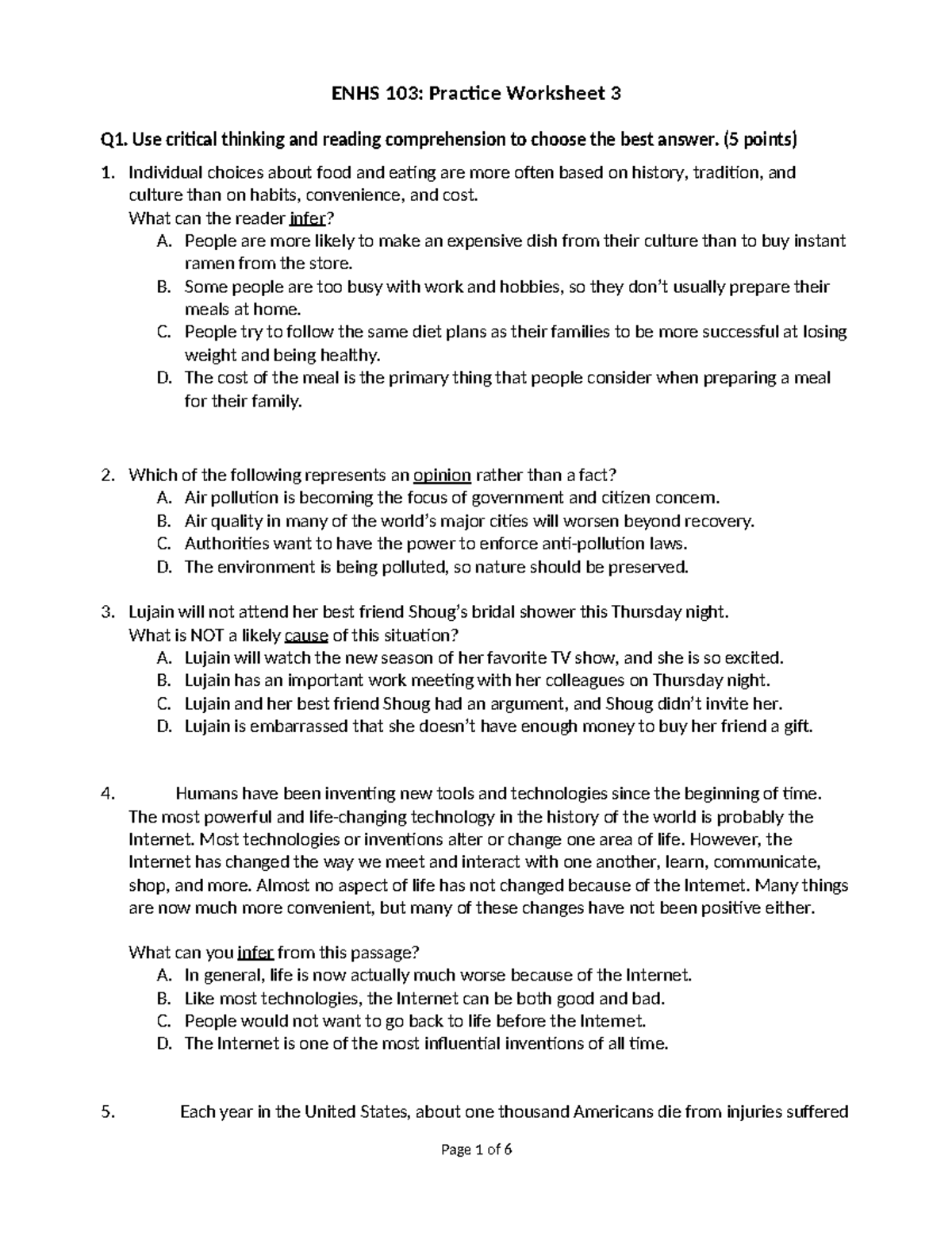 ENHS 103: Practice Worksheet 3 - Critical Thinking & Comprehension ...