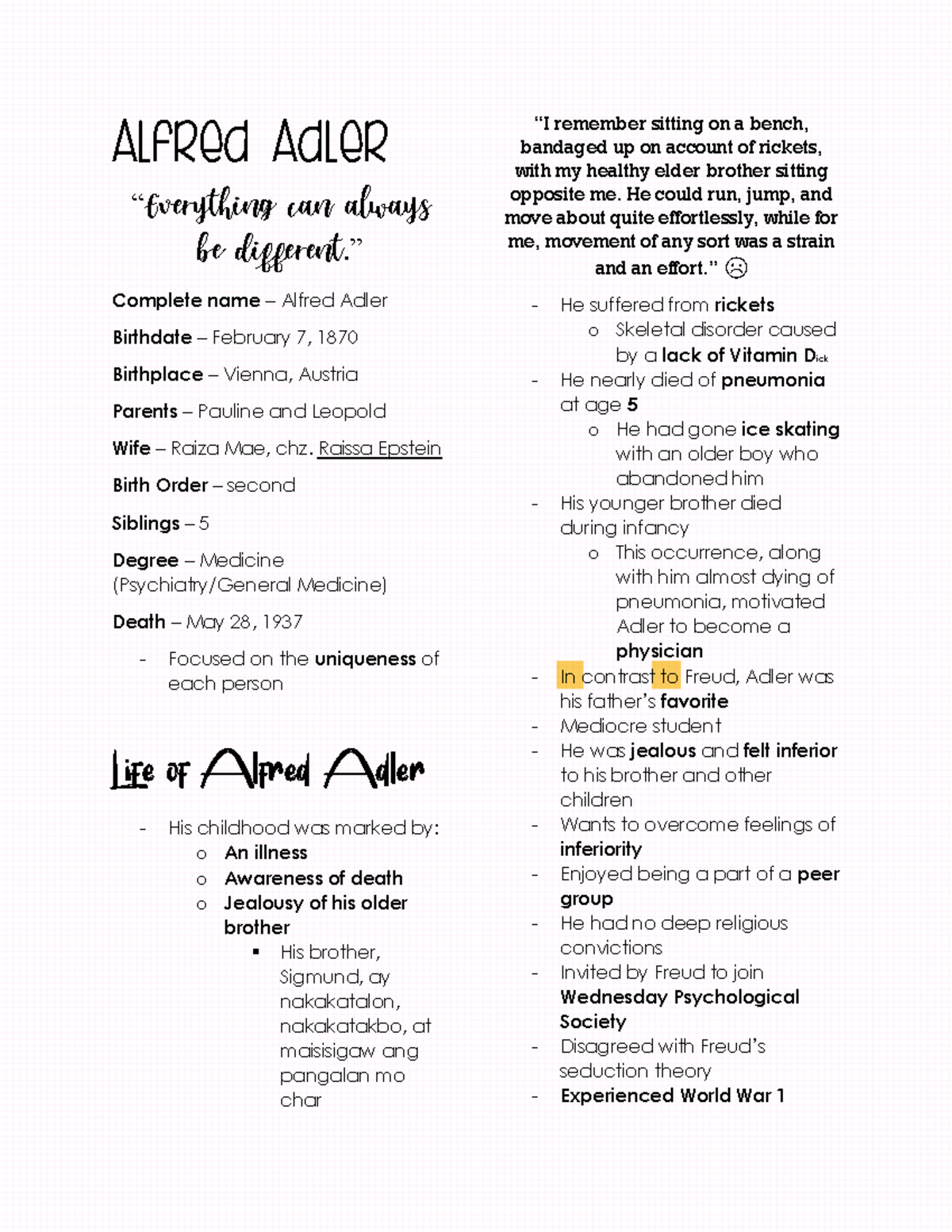 Alfred Adler (Psych 101) - Comprehensive Study Guide - Studocu