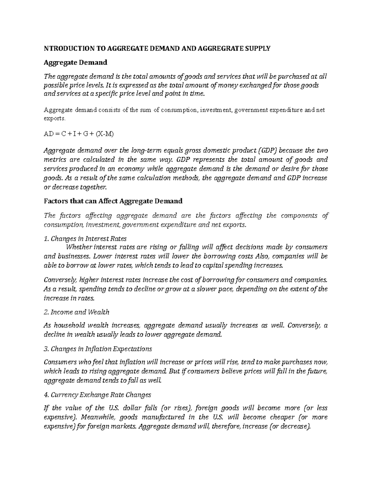 Aggregate Demand and Supply Overview in Economics: Key Concepts - Studocu