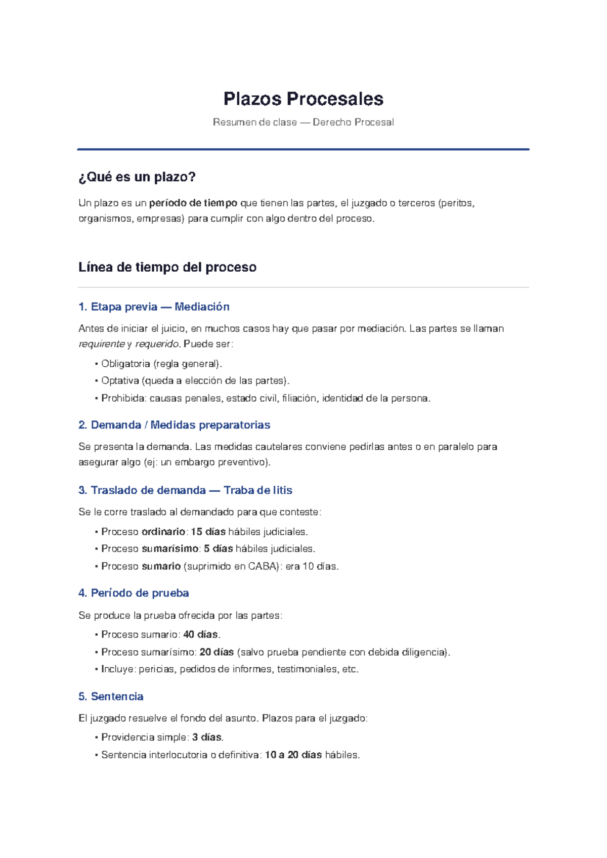 Resumen de Plazos Procesales - Clase de Derecho Procesal - Studocu