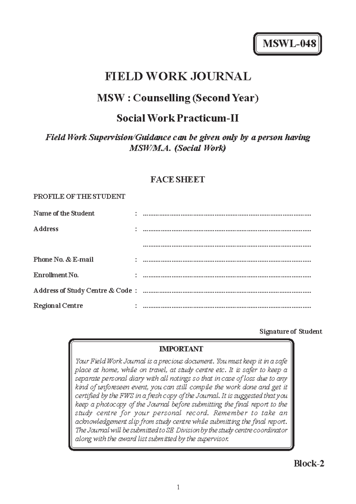 MSWL-048 - Field Work Journal for Second Year Practicum - Studocu