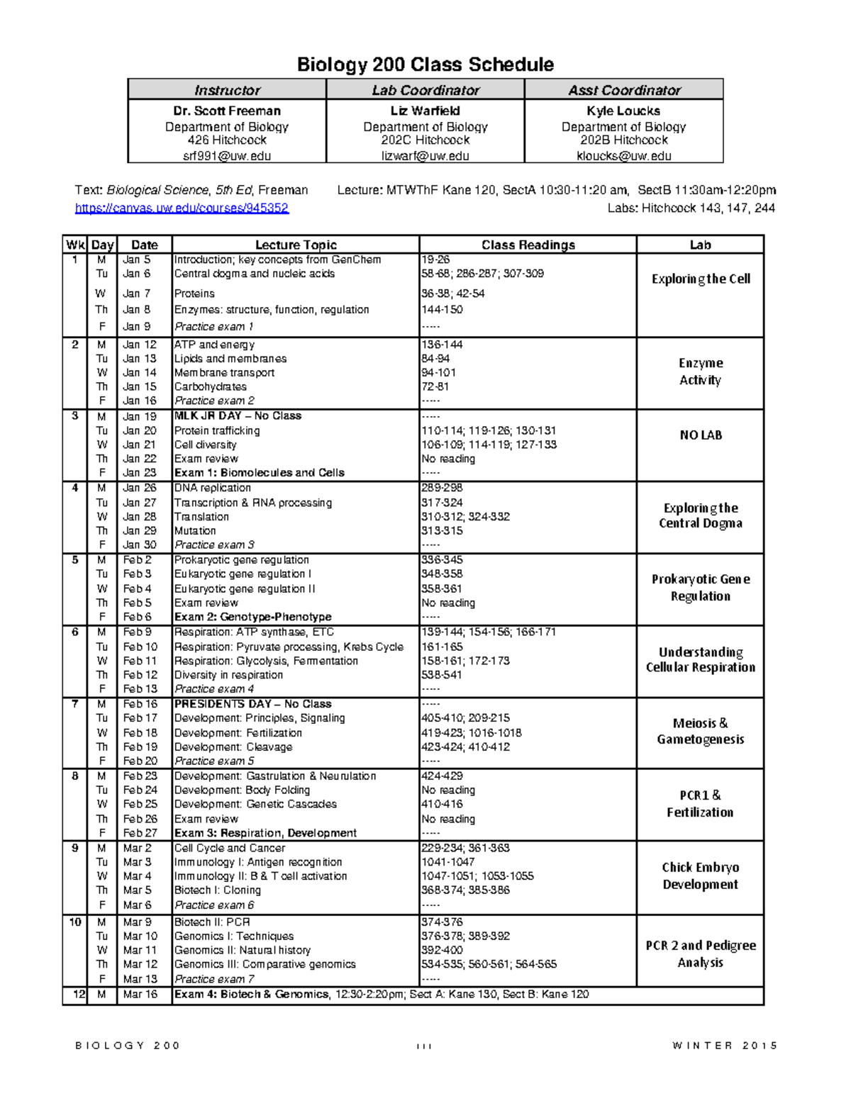 Biology 200 Winter 2015 Course Syllabus and Class Schedule - Studocu