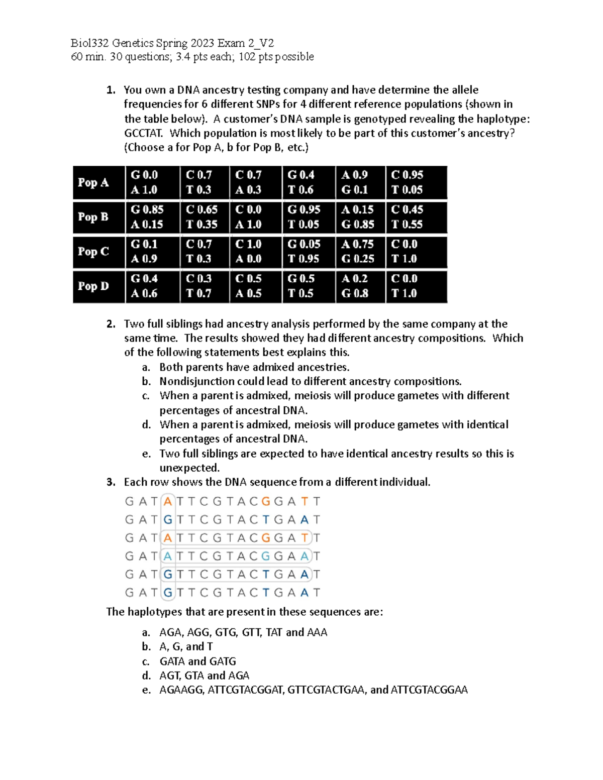 Exam 2 - Genetics and Ancestry Analysis Questions (Version 2) - Studocu