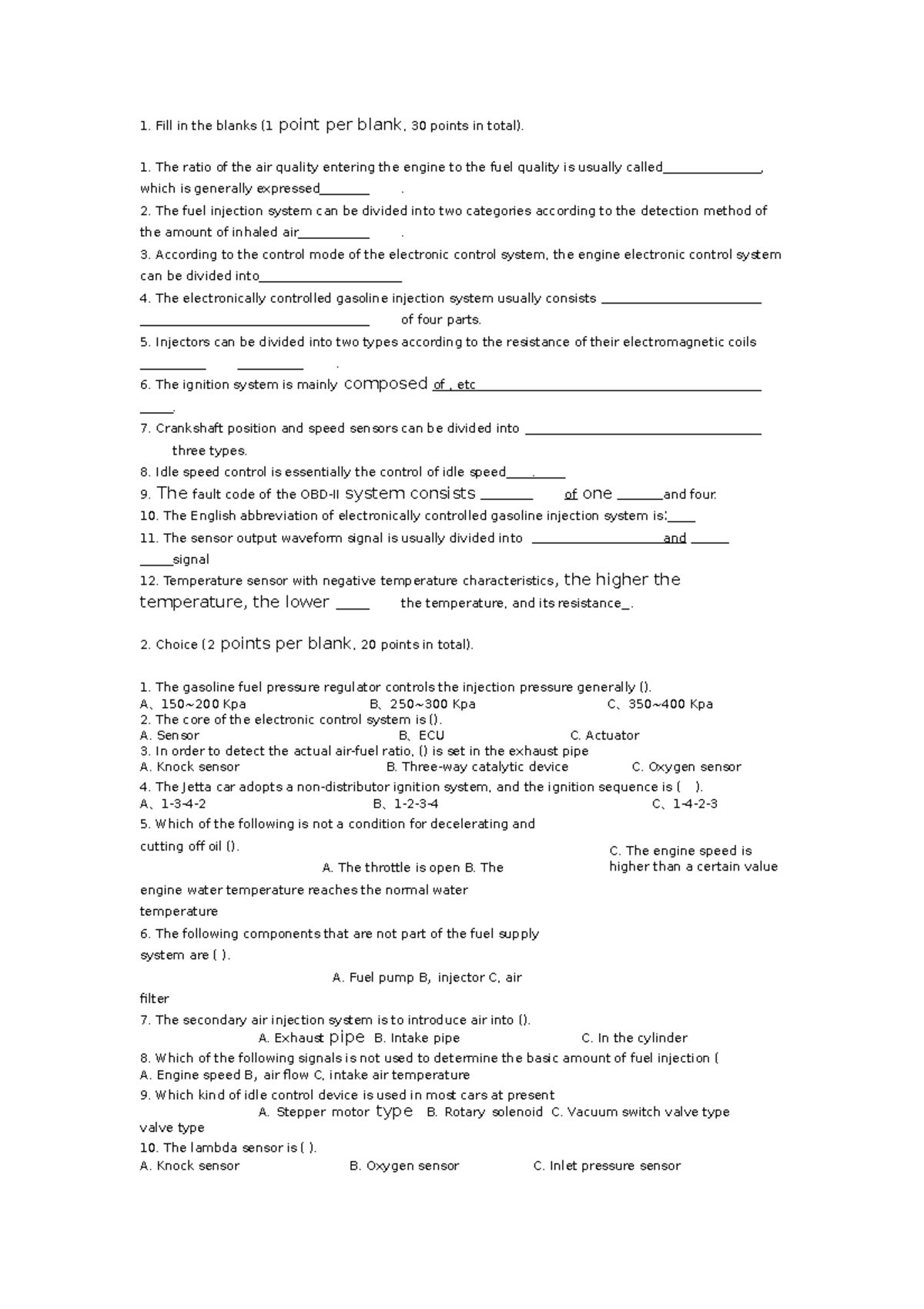Automotive Electronic Control Systems: Fill-in-the-Blanks & Exercises ...