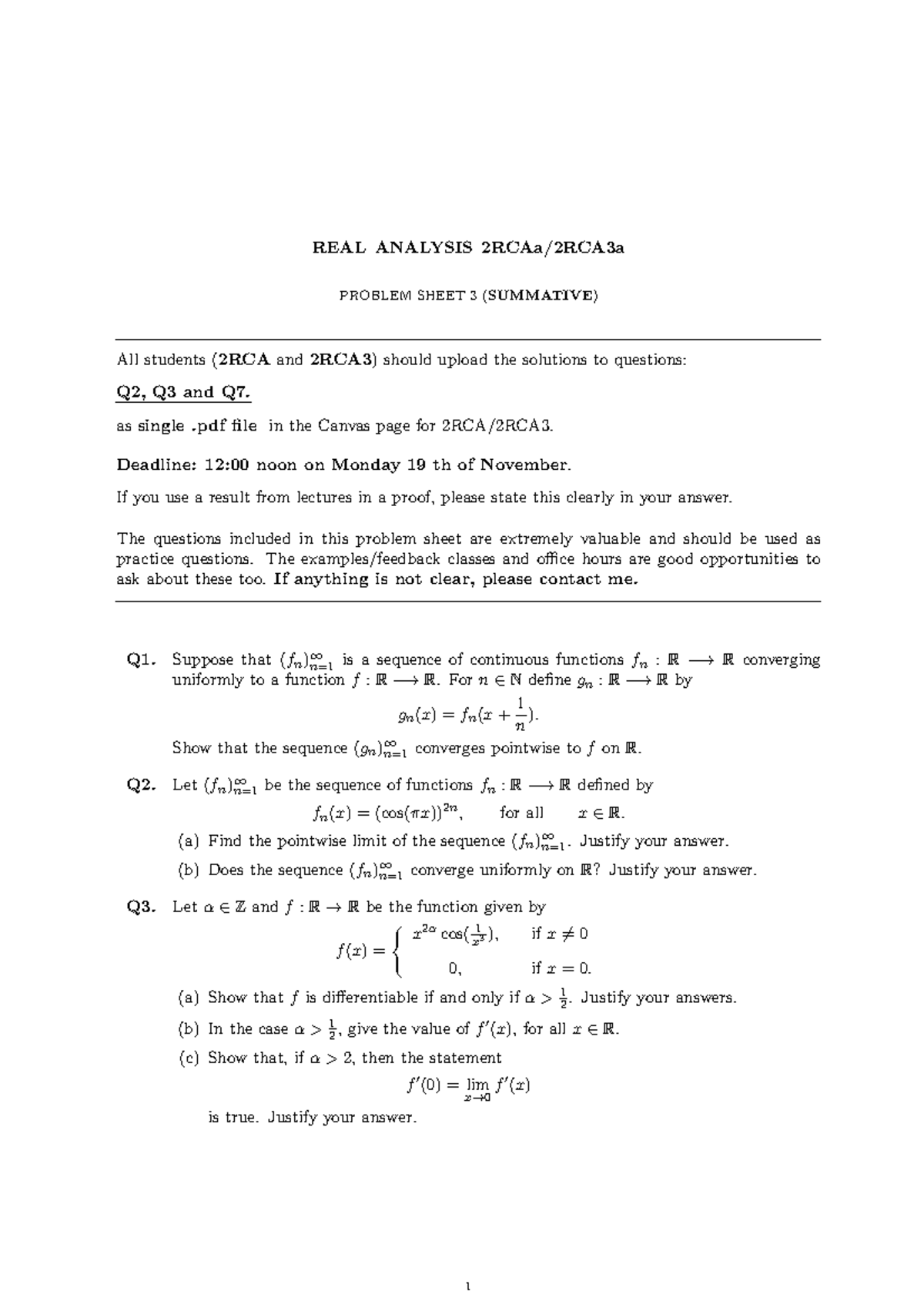 Problem Sheet 3 - REAL ANALYSIS 2RCAa/2RCA3a PROBLEM SHEET 3 (SUMMATIVE ...