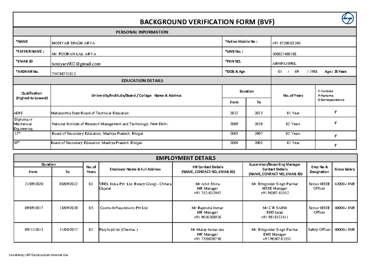 BGV BVF Form-30: Detailed Personal & Employment Information - Studocu