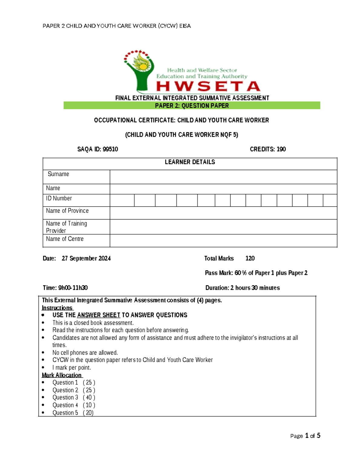 CYCW EISA Final Exam Paper 2: Child and Youth Care Worker Assessment ...