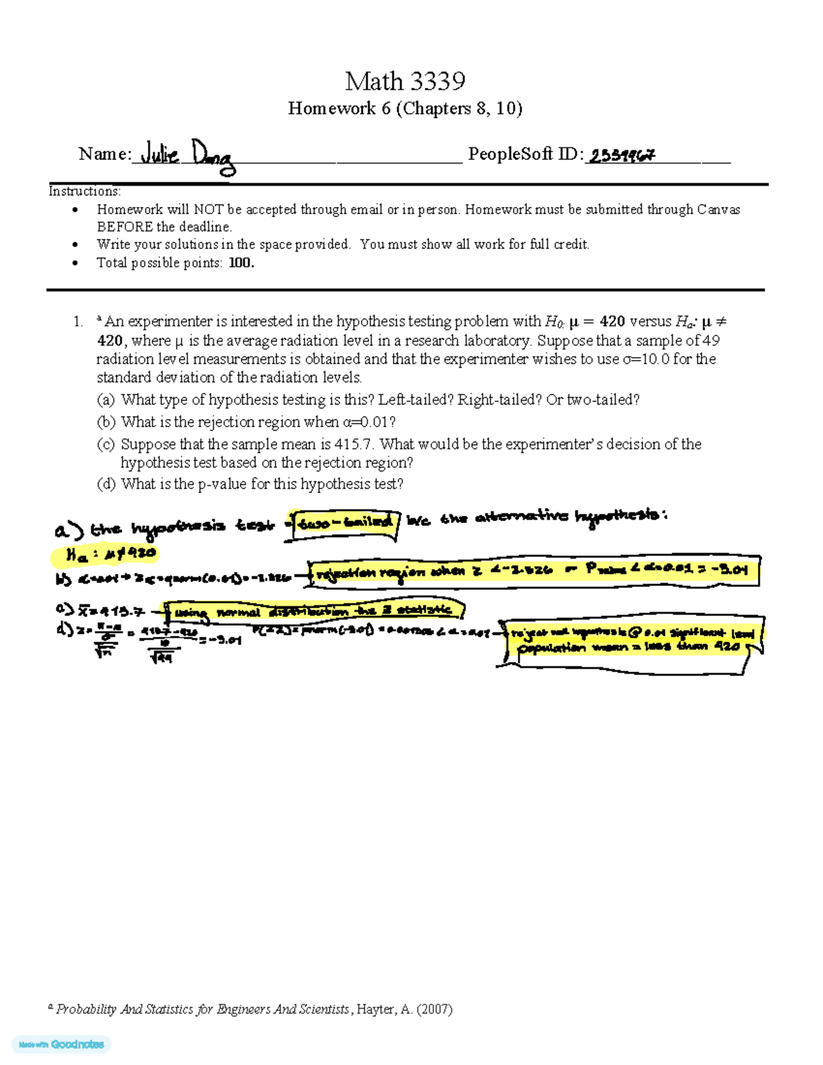 Math Homework 6 (PS 2359967) - Hypothesis Testing & Data Analysis - Studocu