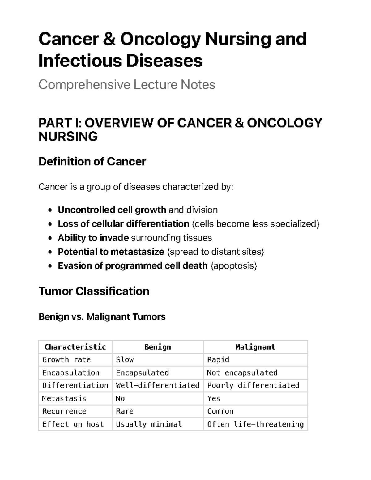 Cancer & Oncology Nursing (NUR 101) & Infectious Diseases Lecture Notes ...