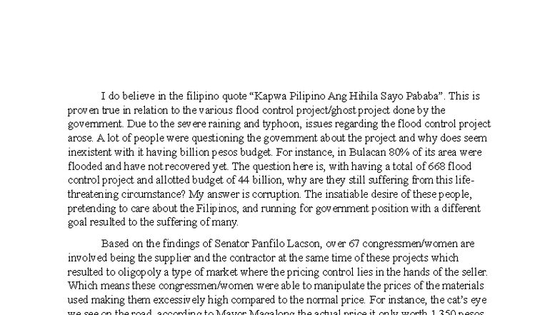 Flood Control Reaction Paper: Corruption and Its Impact on Filipino ...