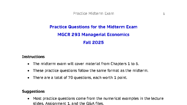 Practice Midterm Exam Solutions for MGCR 293 Managerial Economics Fall ...