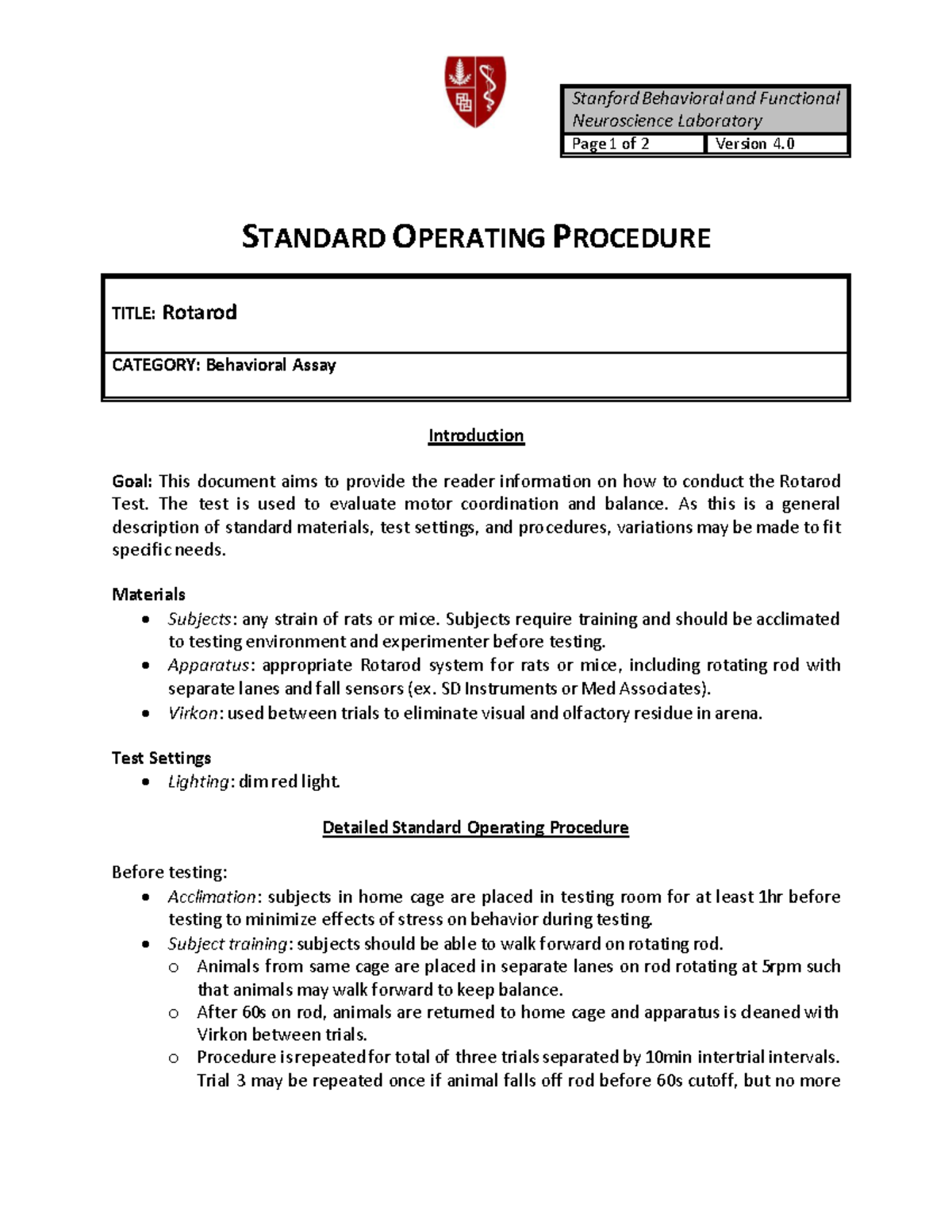 Standard Operating Procedure: Rotarod Test for Motor Coordination - Studocu