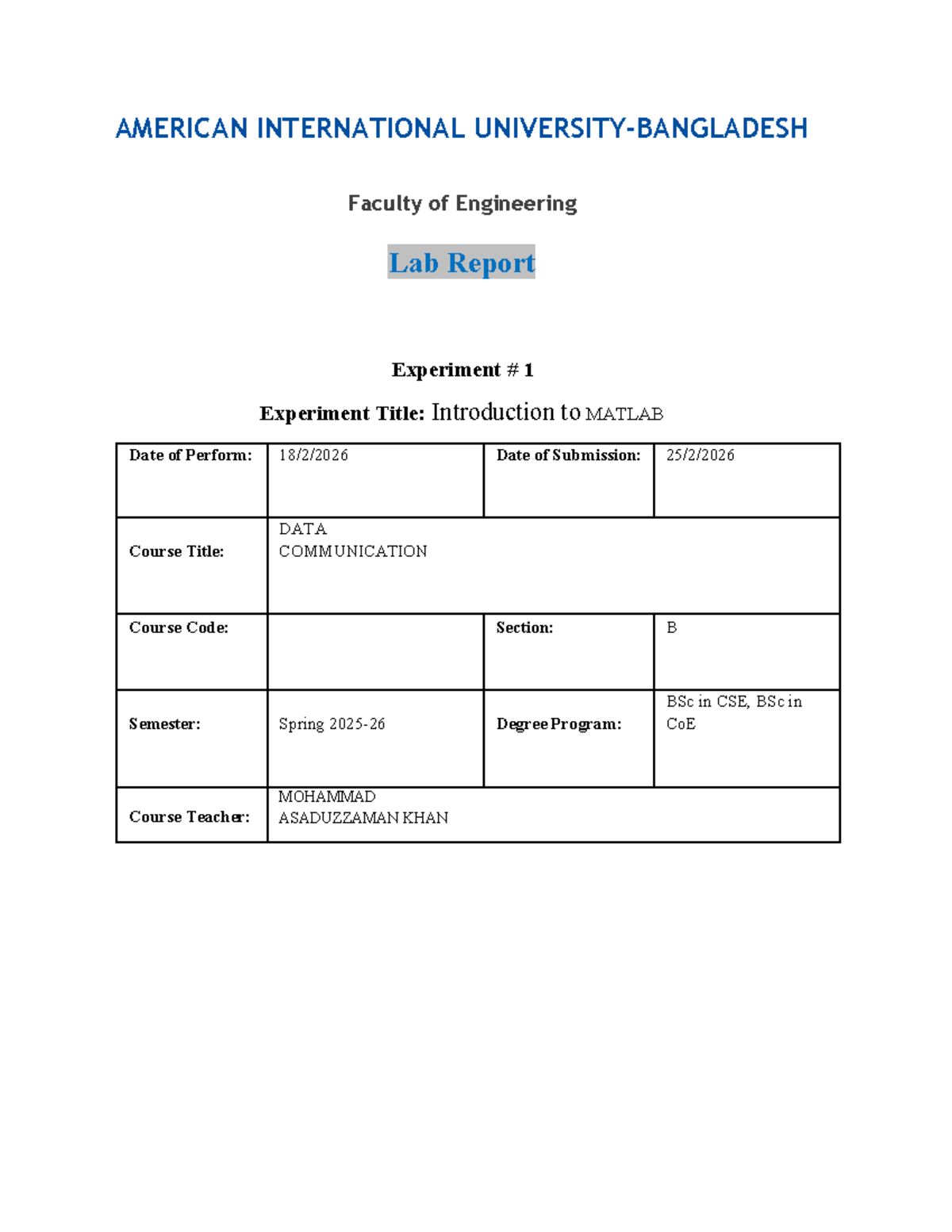 DATA COMMUNICATION Lab Report 1: Introduction to MATLAB - Studocu