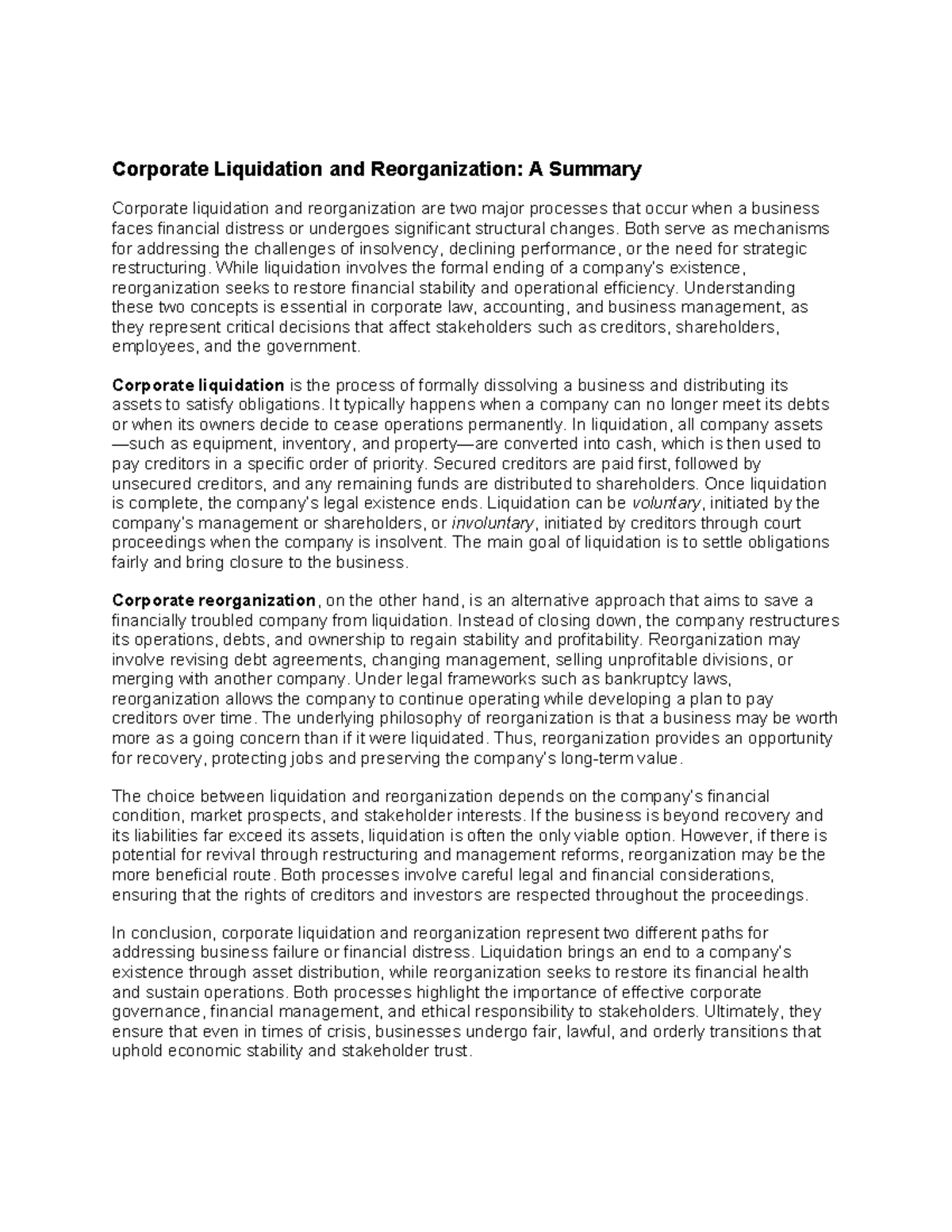 Corporate Liquidation and Reorganization: Key Insights and Implications ...
