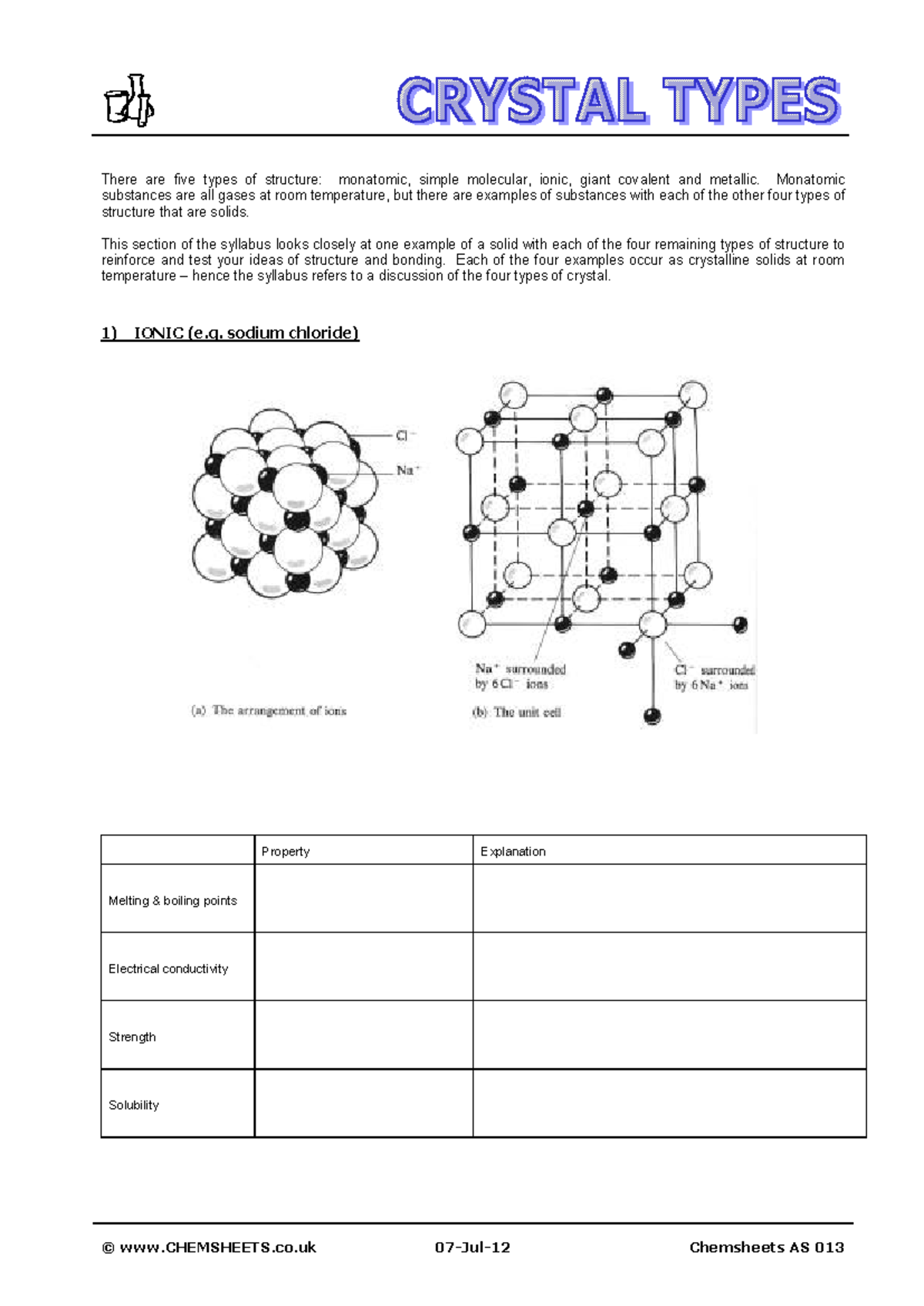 Chemsheets AS 013: Types of Crystalline Structures and Properties - Studocu
