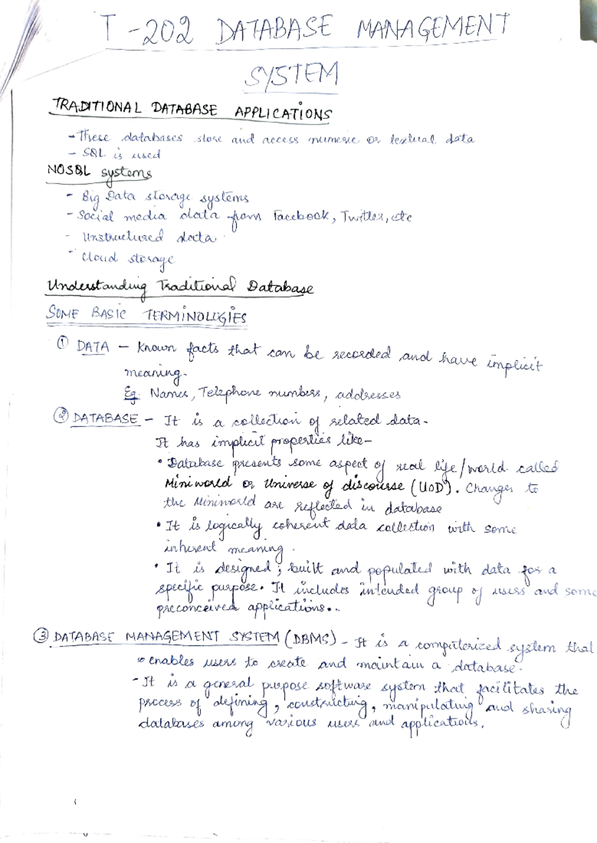 Dmbs class notes - 20 MABASE MANAGEMENT SYSTEM TRADTIONA L DATABASE ...