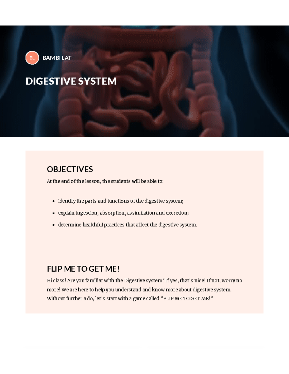digestive...... - OBJECTIVES At the end of the lesson, the students ...