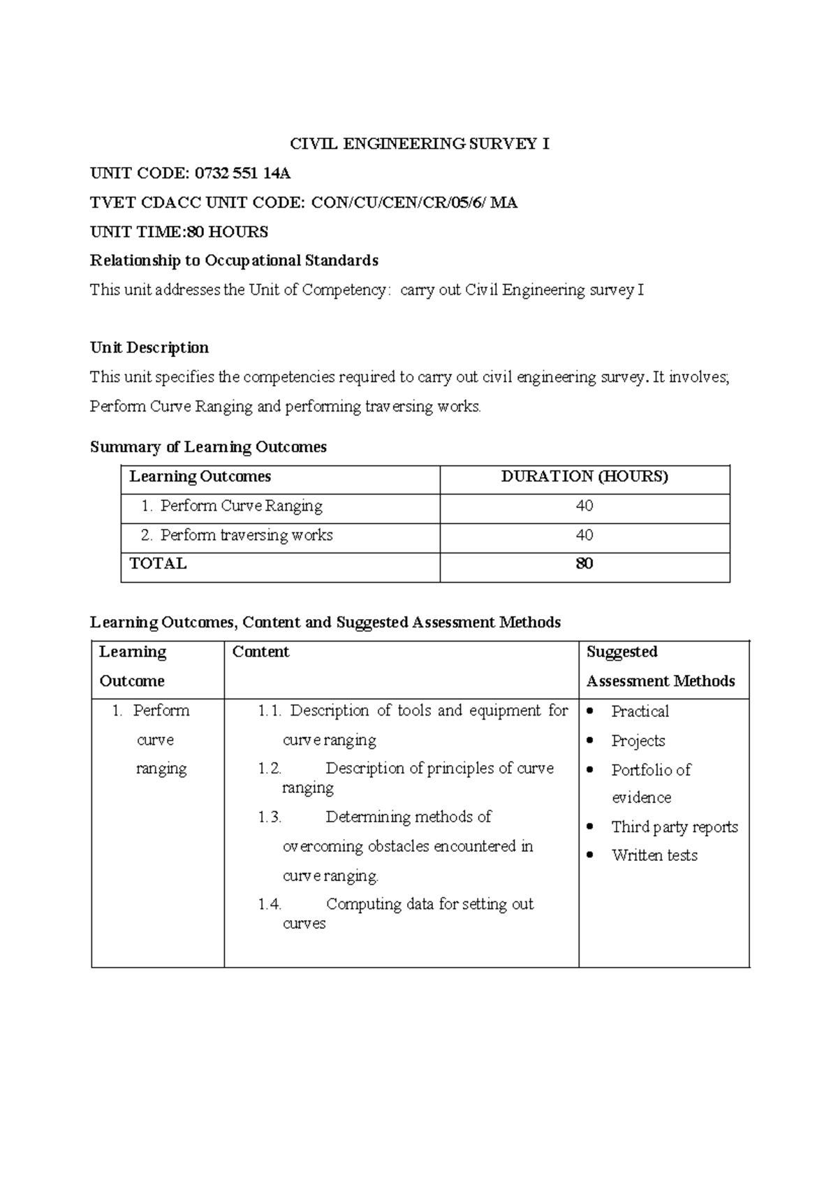 CIVIL ENGINEERING SURVEY I CURRICULUM - UNIT CODE: 0732 551 14A - Studocu