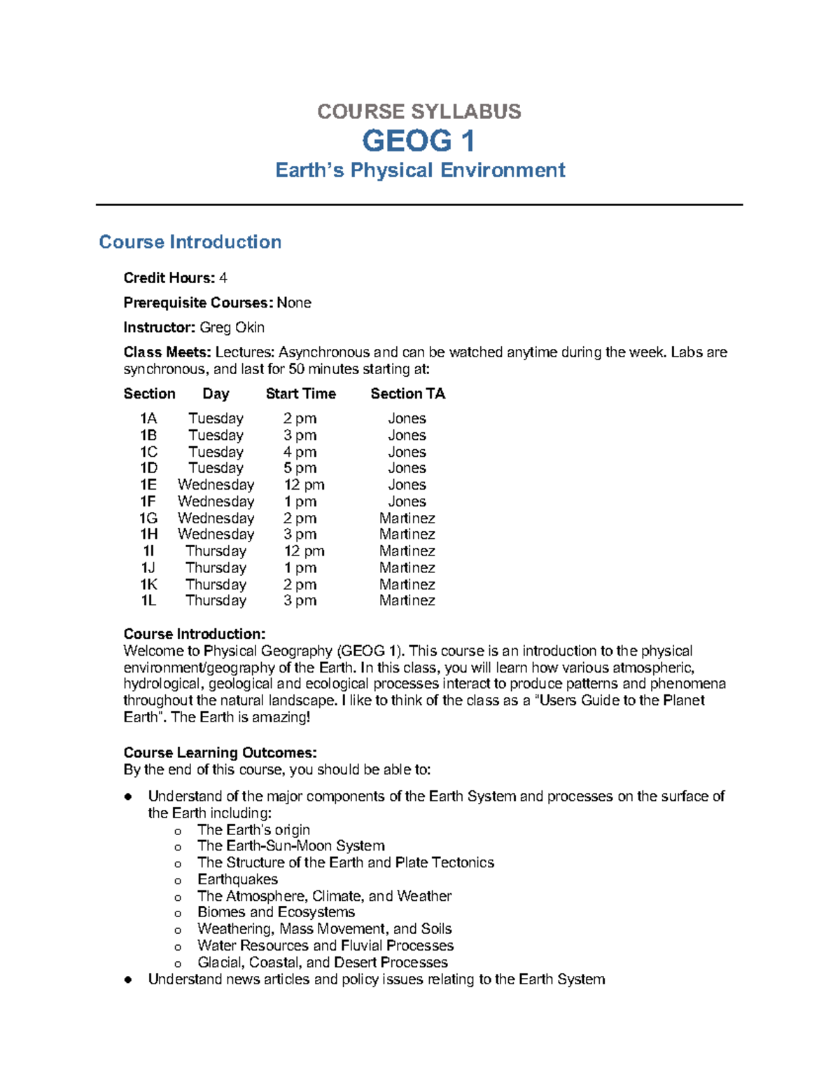 GEOG 1: Syllabus for Physical Environment Course (Fall 2024) - Studocu