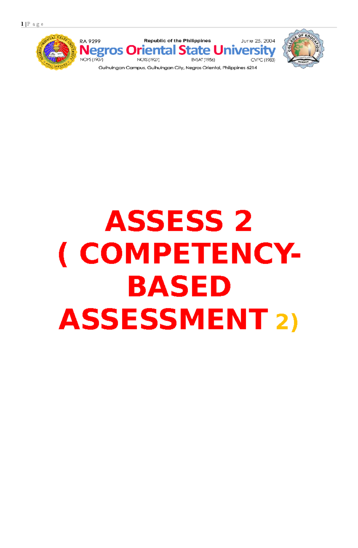 BSED ASSESS 2: Competency-Based Assessment Overview and Methods - Studocu