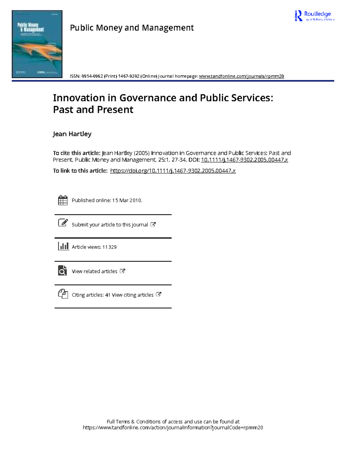 Innovation in Governance and Public Services: Past and Present (PMM 25: ...
