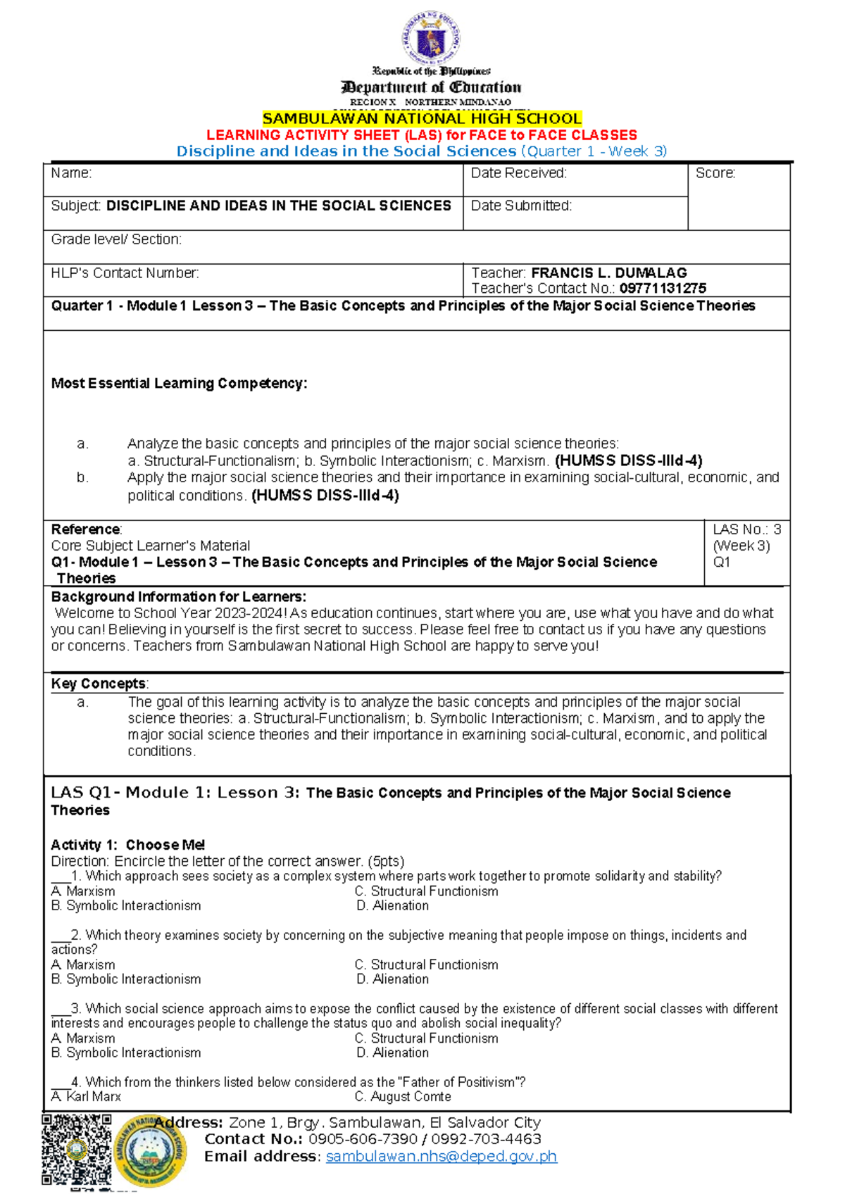 DISS - Q1 Module 1 Lesson 3: Major Social Science Theories Overview ...