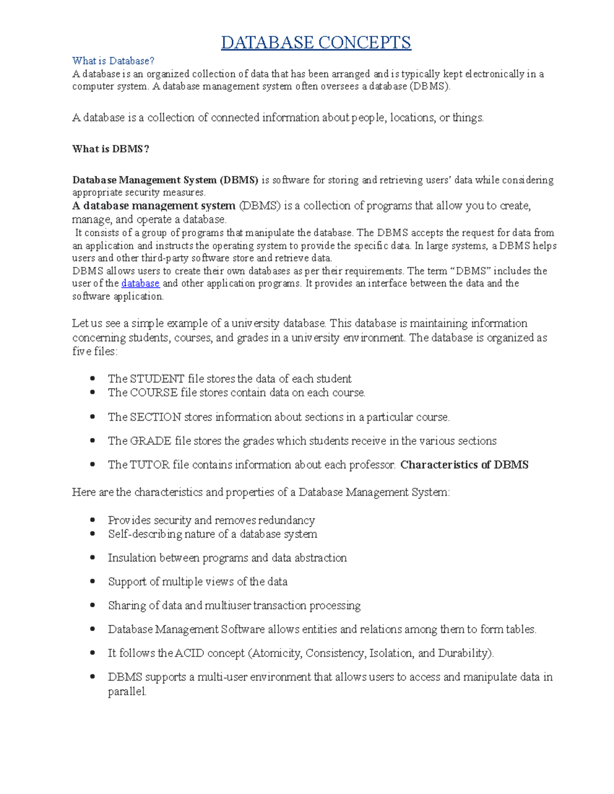 Database Concepts - Overview and Key Features Notes - Studocu