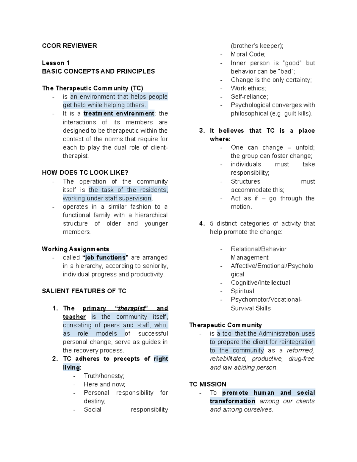 CCOR Lesson Notes: Understanding Therapeutic Community Concepts - Studocu